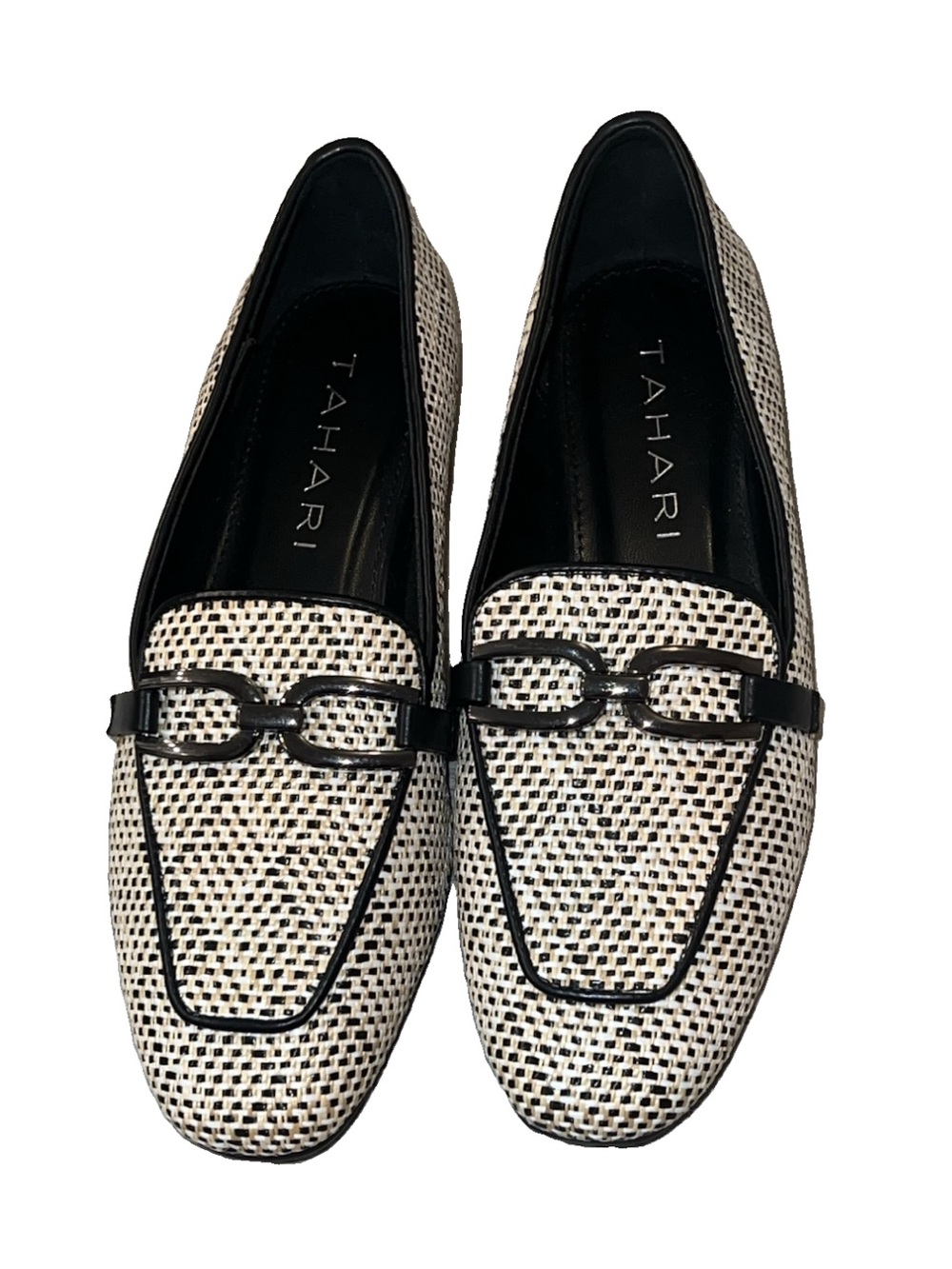 New Tahari Tan Loafers with Woven Raffia and Gold Detail